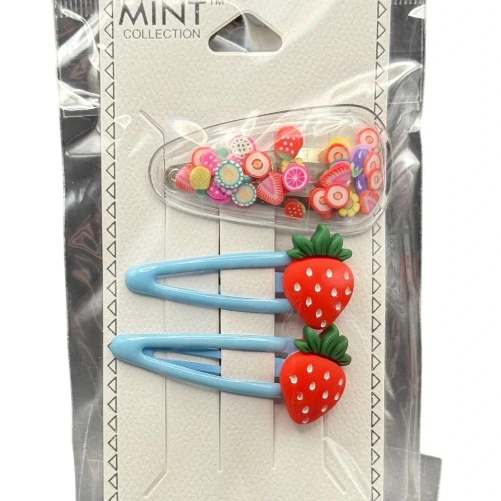 Kids Strawberry‎ and Fruit Confetti Snap Hair Clip Set 3pc New